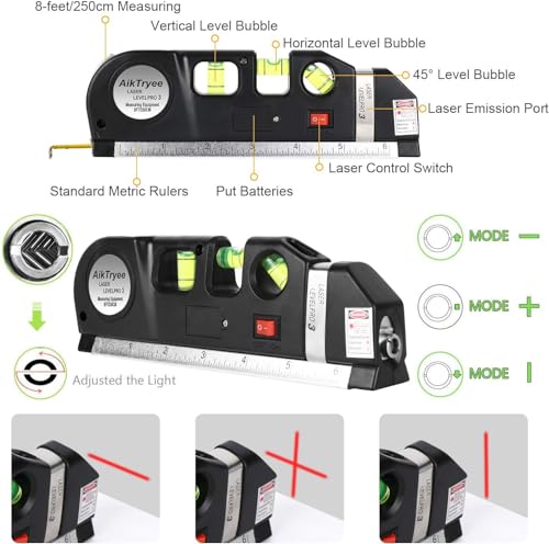 Image of Laser Level Line Tool, Multipurpose Laser Level Kit Standard Cross Line Laser leveler Beam Tool with Metric Rulers 8ft /2.5M for Picture Hanging cabinets Tile Walls by SWAMINE.