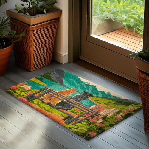BRUBAKER Felpudo para Exterior e Interior - Perro y Gato en un Banco Frente a un Lago de Montaña - Estera de 100% Fibra de Coco para Entrada 45 x 75 cm - Impermeable, Antimanchas y Antideslizante
