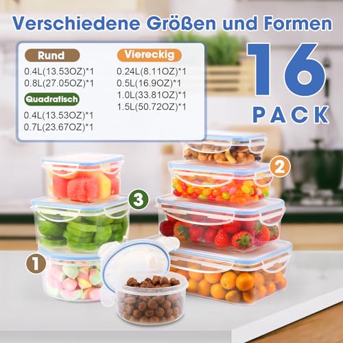 YASHE Frischhaltedosen mit deckel 16pcs (8 Behälter, 8 Deckel), Vorratsdosen Set, 100% Auslaufsicher, BPA-frei, 0.24-1.5L – Ansicht 3