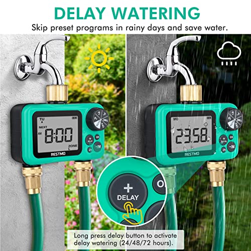 Restmo 2-Outlet Sprinkler Timer With 3 Separate Programs, Interval Or 7-Day Week Programmable Hose Timer, 2 Zone Water Timer With Pure Brass Inlet, Ideal For Garden, Lawn And Control Drip Irrigation #TOP5