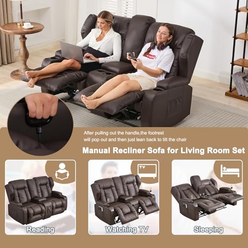 Image of SAMERY 65.5 inch Loveseat Recliner Sofa | Double Recliner Sofa & Console | Wall Hugger Loveseat Reclining RV Theater Seats | RV Couch Home Theater Seating Furniture (Faux Leather Brown)