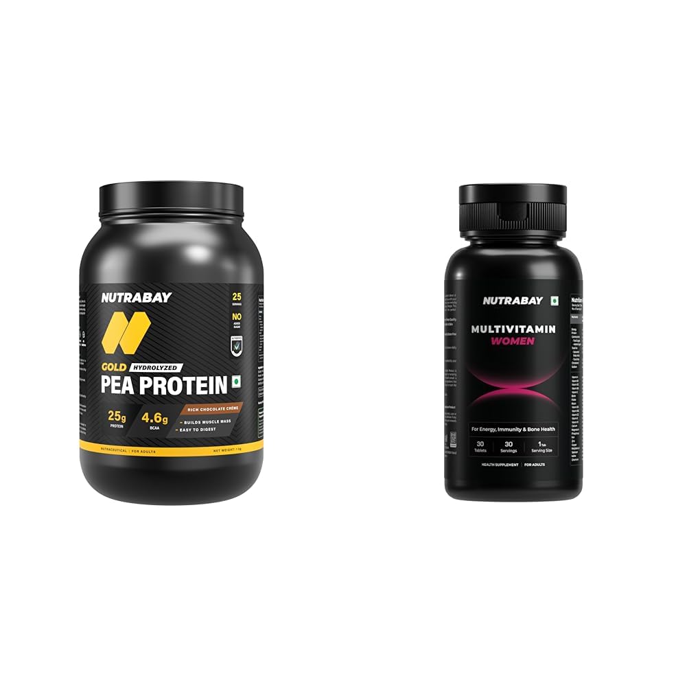 NUTRABAY Gold 100% Pea Protein Powder - 1kg, Rich Chocolate Crème | 25g Protein, 4.6g BCAA, 5g Fib | Nutrabay Pro Active Multivitamin for Women – Effective Doses of Iron, Vitamin A, B5, B6, C, D, E &-image-49