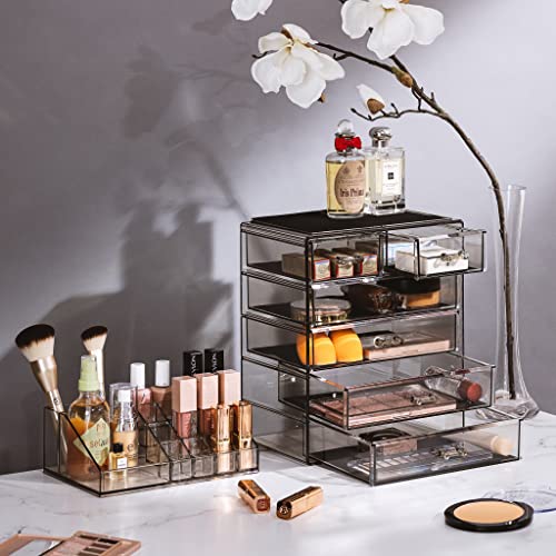 Image of Sorbus Acrylic Makeup Organizer Set, 6-Drawer Vanity & Countertop Cosmetic Storage with Small & Wide Compartments, Black-Tint Makeup Storage for Brushes, Jewelry - Holiday Gift for Women & Teens