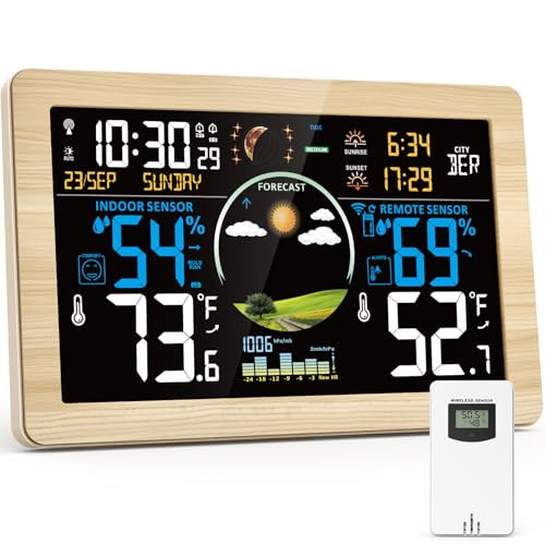 Weather Station Wireless Indoor Outdoor, Digital Thermometer, 7.5'' VA Display Home Weather Stations, Accurate Temperature Humidity Gauge with Weather Forecast, Atomic Clock,Khaki