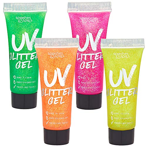 Uv Glitter Body Paint Gel - 4 Colors Cosmetic Set For Girls, Women, Adults - 10 Ml Tubes With Glowing Effect - Perfect For Dress Up, Festival, Costume Party, Halloween - By Splashes And Spills #TOP28