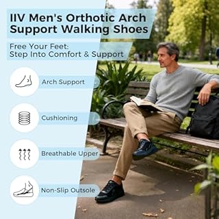 IIV Men's Orthotic Walking Shoes with Arch Support for Plantar Fasciitis & Flat Feet | Shock Absorbing Work Sneakers for Knee, Heel, Ankle Pain Relief & Daily Comfort Black