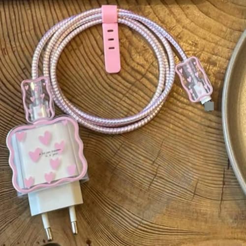 Image of Compatible with iPhone Cute Cat Charger Case Cover | Cartoon Character Silicone Charger Case Cover for 18-20W 360 Degree Full Protection Cover (Pink Heart Print)