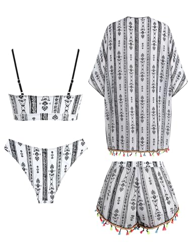 Image of ZAFUL Women 4pcs Ruched Striped Bikini Set High Cut Swimsuit with Sheer Fringed Cover Up Side Slit Shorts