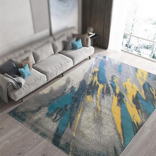 Area Rugs Large Living Room,Teal Blue Yellow Grey White Abstract Modern Design,Blue Yellow,160 x 230 cm,Decoration Rug Contemporary Lounge Sofa Modern Bedroom Carpet,