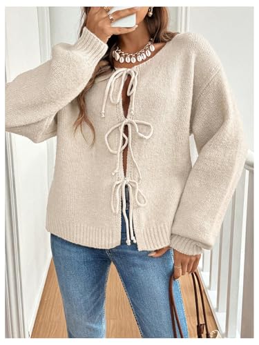 Verdusa Women's Bow Tie Front Drop Shoulder Long Sleeve Knit Cardigan Sweaters4