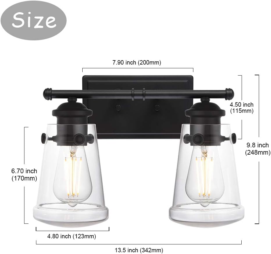 Black Friday - 60% OFF VINLUZ Modern 2 Light Vanity Lighting Fixture Black Finished Metal Wall Sconces Light with Tapered Clear Glass Shade for Bathroom, Rustic Wall Mount Light Fixture Hallway Kitchen Porch Lamp