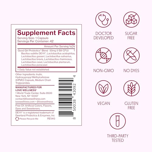 Image of Love Wellness Good Girl Probiotics | Women's Vaginal Health & pH Balance Supplement | 9-Strain Probiotic for Urinary Tract, Yeast, Odor, & Immune Support | Gluten-Free (42-Day Supply)