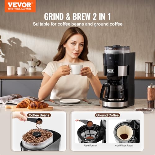 Image of VEVOR Coffee Maker with Grinder, 10 Cup Coffee Machine, Grind and Brew Coffee Maker with 3 Brew Strength Control, Adjustable Grinding Coarseness, for Home Office Restaurant