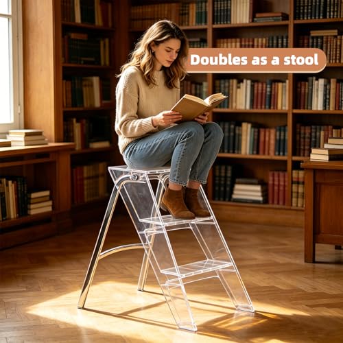 Image of Acrylic 3 Step Ladder Folding Step Stool, Anti-Slip Steps Design, 350lbs Heavy Duty Load Bearing, Stable Support Frame, Portable Safety Acrylic Ladder (Transparent)