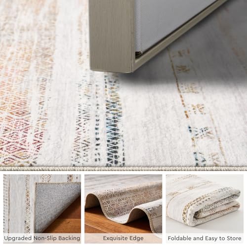 Small Area Rug-2x3 Entryway Rug Non Slip Washable Low Pile Indoor Door Mat Neutral Distressed Boho Moroccan Entrance Rugs Carpet for Bedroom Kitchen Powder Room Front Porch Bathroom, Multi-Color