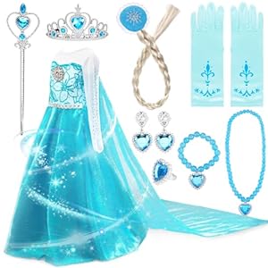 Amzeeniu Disfraz Elsa,11pcs Disfraz Princesa Niña Disfraz de Princesa Vestido Princesa Niña con Accesorios de Cosplay,Corona,Varita Disfraces Niña para Halloween Cumpleaños Carnaval disfraz frozen 120