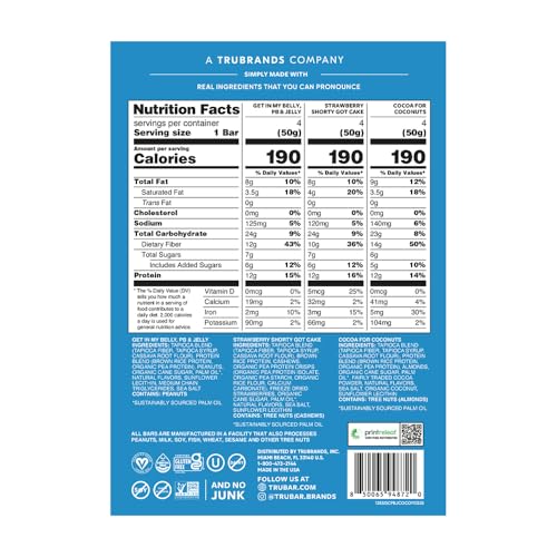 Image of TRUBAR Vegan Protein Bars, Feelin' Fruity Variety Pack, PB & Jelly, Strawberry Shortcake & Chocolate Coconut, Gluten Free, Plant Based, High Fiber, Dairy Free, On the Go Healthy Snacks, 12 Count