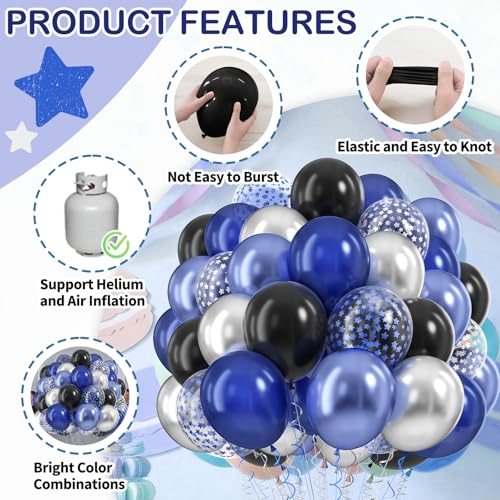 Image of Navy Blue Silver Balloons, 60 Pcs Metallic Pearl Night Blue Black Balloons, 12 Inch Silver Star Confetti Balloon Helium for Graduations Boys Birthday Wedding Anniversary Retirement Party Decorations
