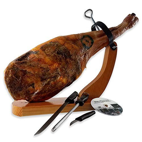 Iberico Ham "Pata Negra" Bellota Shoulder Cured For 2 Years, 50% Iberico Breed, 12 Pounds, 20-25 Servings + Ham Holder + Carving Knife Set + Guide #TOP6