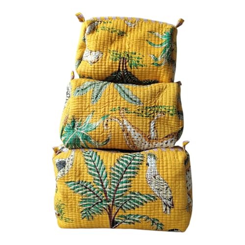 RAJBHOOMI HANDICRAFTS Set of 3 Quilted Cotton Pouches – Yellow Jungle Safari Print Travel Organizer Bags – Handmade Cosmetic, Toiletry & Makeup Storage Pouch for Women