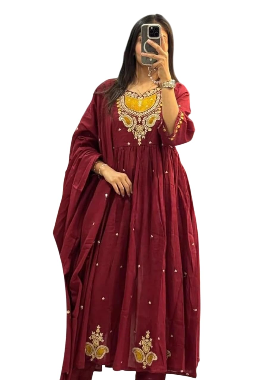ARTISAN LOOM Women's Cotton Embroidered Anarkali Salwar Suit Set with Dupatta Set-image-45