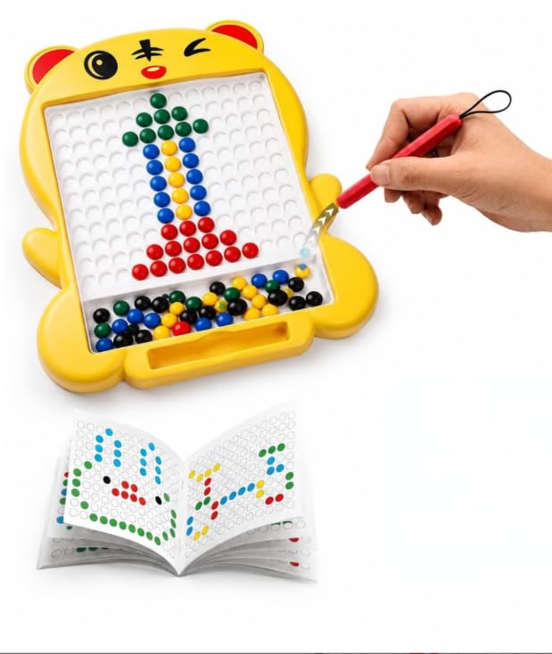 Image of Yellow Magnetic Drawing Board for Kids - Magnetic Mosaic Puzzle Board with Color Beads, Magnetic Pen & Pattern Cards - Educational STEM Learning Toy for Kids - (Pack of - 1)