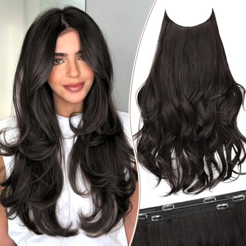 KooKaStyle Invisible Wire Hair Extensions 20' Long Wavy Layered Synthetic Clip in Hair Extension with Transparent Wire Adjustable Size 6 Secure Clips Dark Brown Thick Hairpieces for Women20 Inch,150g