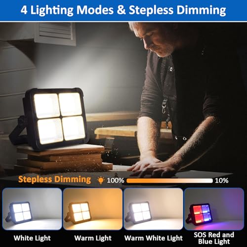 MASMEJOR 100W LED Baustrahler Akku mit Solar 10000LM Tragbare Arbeitsleuchte, 12000mAh LED Strahler Akku, 4 Lichtmodi, Campinglampe Tragbar Ideal für Camping, Arbeit, Angeln, Garage