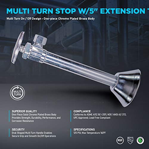 Image of Midline Valve 73212QS-OM-5 Water Supply Angle Stop Valve with Flange and 5 in. Extension; for Toilet, Sink, Dishwasher, Heater; 1 /2 in. SWT x 3 /8 in. COMP; Chrome Plated Brass (5 Pack)