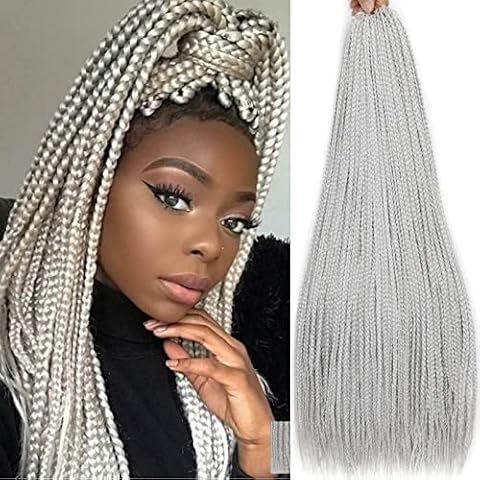 24 Inch Box Braids Crochet Braids 144 Strands Prelooped Crochet Hair Platinum Blonde Hair Goddess Box Braids Crochet Braids Box Braid Crochet Braids for Black Women (24Inch (Pack of 6), grey#) Cover