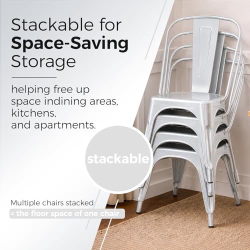Image of Metal Dining Chairs with Backrest, Stackable, Silver, 2 Pack | Easy Assembly, Non-Slip Feet, 330 lb Capacity, Kitchen, Restaurant, Cafe, Pub, Covered Patio