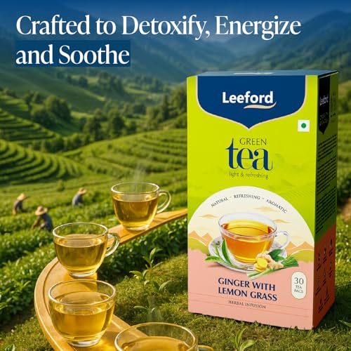 Image of Leeford Ginger Lemongrass Green Tea 30 Tea Bags (Pack of 2) | All Natural Flavour | Zesty Immunity Booster | Antioxidant Powerhouse | 100% Natural Digestion Aid | Brews Best with Added Honey | Milk-Free & Fuss-Free