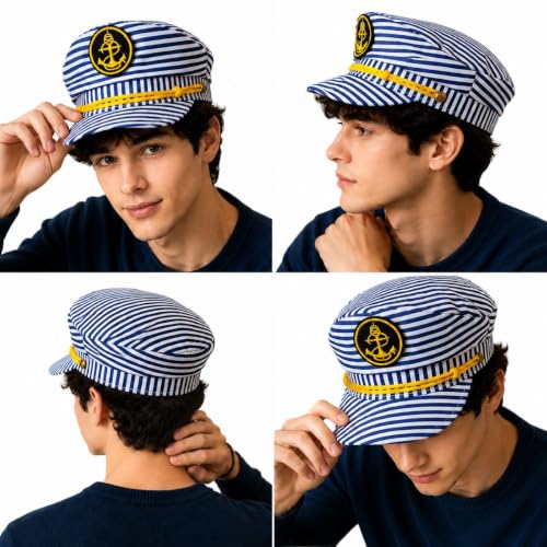 Image of BookMyCostume Unisex Blue and White Striped Sailor Captain Cap - Yacht Cap with Embroidered Anchor Badge and Gold Detail - Classic Marine Costume Accessory for Boat Parties & Summer Cruises | Adults