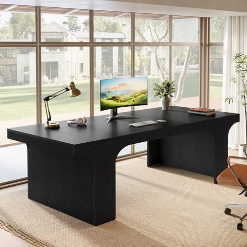 Image of Tribesigns 70.87 inch Executive Office Desk, Large Workspace Computer Desk, Modern Wooden Writing Table Simple Business Furniture with Arched Design for Home Office, Sturdy Room, Black
