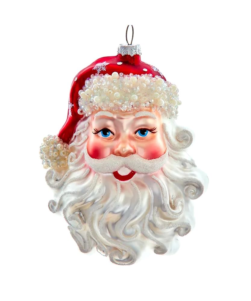 The Bridge Collection Classic Santa Claus Head Ornament - Pearl Beaded Santa Ornament for Holiday Decor - Snowflake Glass Santa Head Christmas Ornament