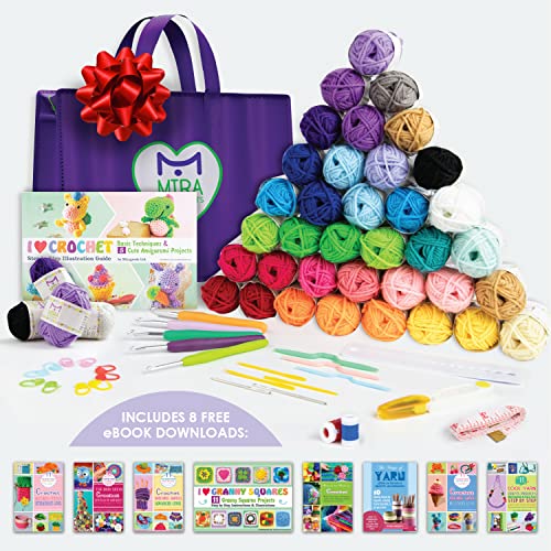 Premium Crochet Yarn Kit | 40 Colorful Acrylic Yarns (875 Yards), All Crocheting and Knitting Supplies for Yarn Crafts, and Books for Design Inspirations | Ideal Starter Set for Beginners and Adults