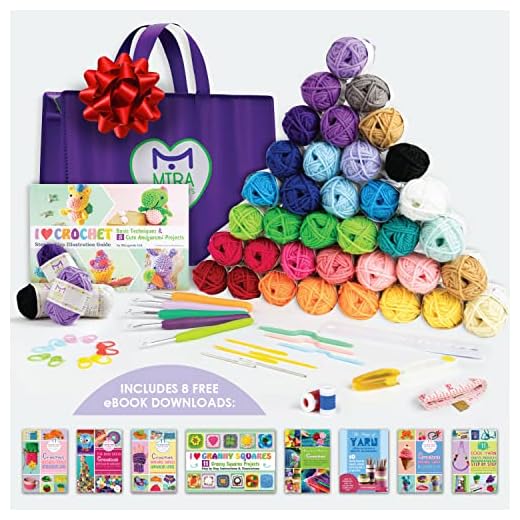 Premium Crochet Yarn Kit | 40 Colorful Acrylic Yarns (875 Yards), All Crocheting and Knitting Supplies for Yarn Crafts, and Books for Design Inspirations | Ideal Starter Set for Beginners and Adults