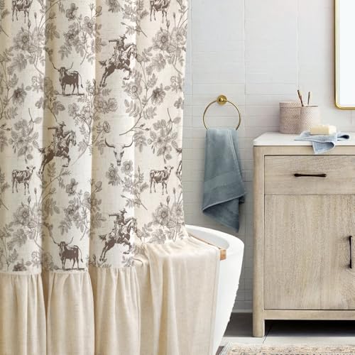 Besaomeom Linen Shower Curtain 72x72 - Farmhouse Ruffle Design with Western Cowboy & Floral Pattern Vintage Cottagecore Style for French Country Shabby Chic Bathroom Decor