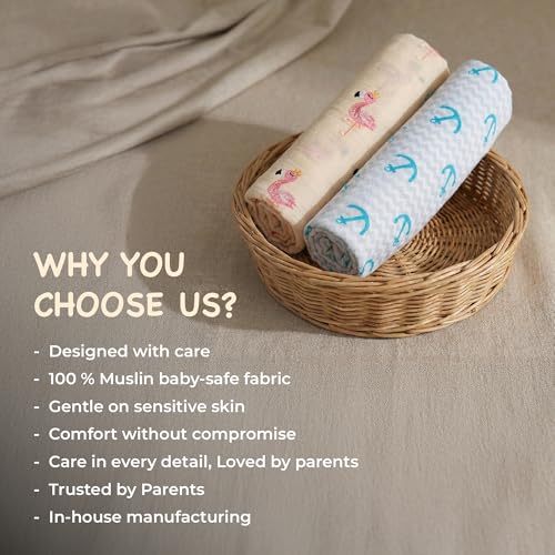 Image of Muslin Cotton Baby Swaddle | 110 x 100 cm | Ultra-Soft, Breathable & Lightweight | Multipurpose | Hypoallergenic | Unisex | Ideal Newborn Baby Gift (Flamingo /Anchor)