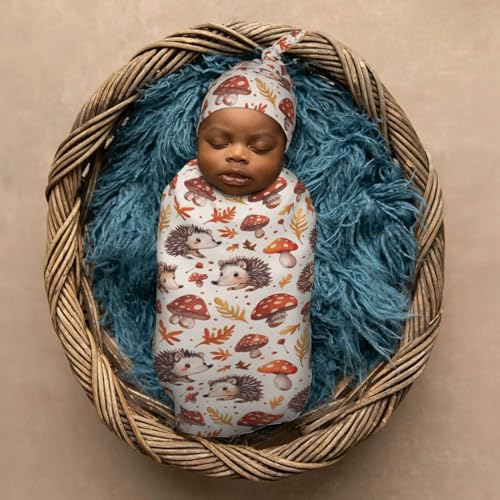 Image of Baby Cute Hedgehog Mushrooms Newborn Swaddle Blankets Hat Sets Soft Baby Receiving Blanket Swaddle Sack for Baby Shower Infant Boy Girl Gift