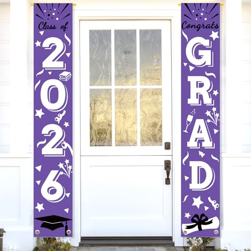 Image of Graduation Porch Banner Class Sign Congrats Grad Hanging Flags High School College University Party Decoration For Front Door Outdoor Purple White