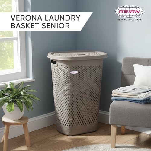 Image of Asian Plastowares - Verona Laundry Basket with Lid | Large Size | Multi-Utility Storage Basket /Bin for Clothes, Toys, Kitchen & Household | BPA Free | Durable & Space-Saving | Coffee Brown
