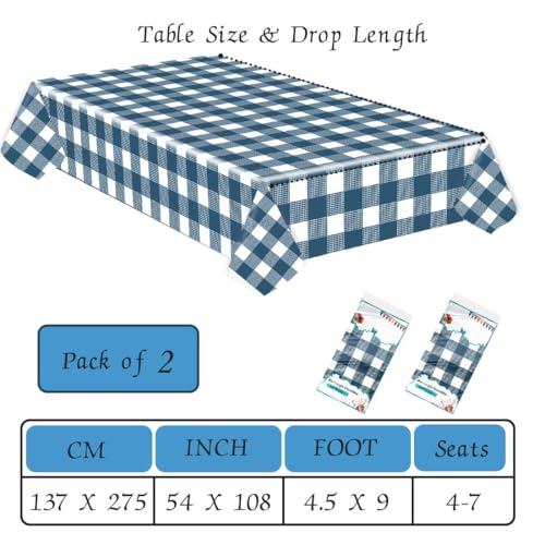 Image of SietDESEO 2 Pack Blue and White Checkered Tablecloth 54 x 108 Blue Gingham Table Cloth Premium Disposable Plastic Picnic Table Cover for Party Birthday Wedding Rectangle Buffalo Plaid Tablecloth