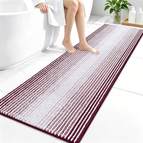 Image of OLANLY Bathroom Runner Rugs 59x20, Extra Soft Absorbent Chenille Striped Bath Rugs, Rubber Backing, Machine Wash Dry, Long Bath Mats for Bathroom, Tub, Shower, Home Decor Accessories, Burgundy