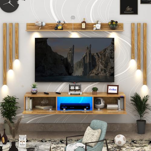 Image of Anikaa LucenNote Engineered Wood Wall Mount TV Unit with Acrylic Blue LED Storage Box, Wooden Accent Spotlight Panels for Living Room, Fits Up to 55 Inch TV, Giantwood DIY Installation