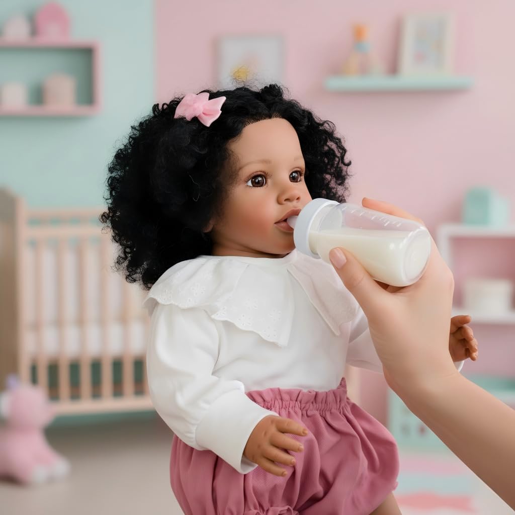 Pinky Lifelike Black Reborn Baby Dolls 26 Inch 68cm Baby Soft Body Realistic Newborn Baby Doll with Hair African American Real Life Baby Dolls Cloth Body Toy for Kids Age 3+