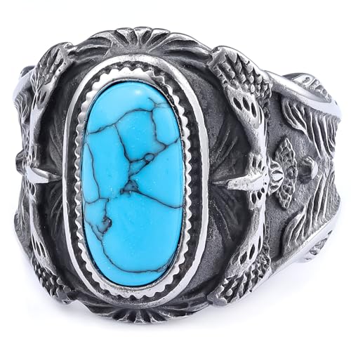 Men's Turquoise Titanium Steel Ring Engraved Eagle Design Vintage Western Navajo Native American Style, RDR Americana Biker Bold Jewelry2