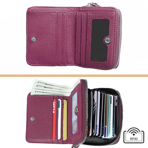 Genuine Wallet Women RFID Blocking Card Holder, Small Leather Womens Wallet with Zipper ID Window Coin Pocket4