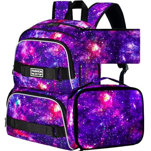 KLFVB Mochila para meninas com lancheira, lindas mochilas escolares estéticas, antifurto, resistente à água, para mulheres, adolescentes, estudantes primários – Roxa galáxia, Mochila escolar galáxia