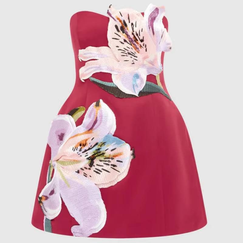 Women's A Line Short Party Dress with Flower Print Strapless Design for Summer Bridesmaid Backless Dress4